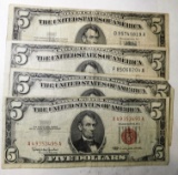 LOT OF TWO 1953 $5.00 SILVER CERTIFICATES & TWO 1963 $5.00 NOTES F/VF (4 NOTES)