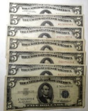 LOT OF 6 1963 $5.00 NOTES & ONE 1953-A $5.00 SILVER CERTIFICATE F/VF (7 NOTES)