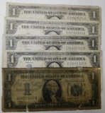 LOT OF FOUR 1957 $1.00 & ONE 1934 $1.00 SILVER CERTIFICATES (5 NOTES)