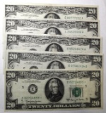 LOT OF FIVE 1963 $20.00 FEDERAL NOTES CRISP GEM UNC (5 NOTES)