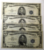 LOT OF FOUR 1953 $5.00 SILVER CERTIFICATES F/VF (4 NOTES)
