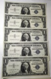 LOT OF FIVE 1957 CONSEC. $1.00 SILVER CERTIFICATES CRISP GEM UNC (5 NOTES)