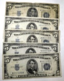 LOT OF FIVE 1934 $5.00 SILVER CERTIFICATES GD-XF (5 NOTES)