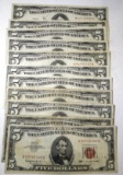 LOT OF ELEVEN 1963 $5.00 FEDERAL NOTES VG-AU (11 NOTES)