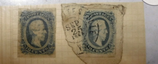 LOT OF TWO CONFEDERATE POSTAGE STAMPS POSTMARKED 1863