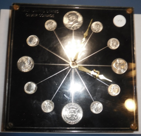 LAST UNITED STATES SILVER COINAGE CLOCK (12 SILVER 1964 BU COINS, CLOCK NEEDS WORK)