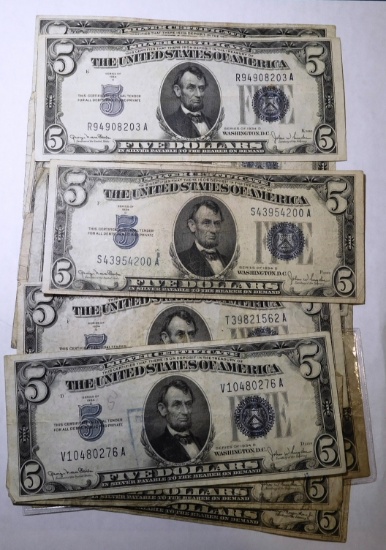 LOT OF THIRTEEN $5.00 SILVER CERTIFICATES VG-AU (13 NOTES)