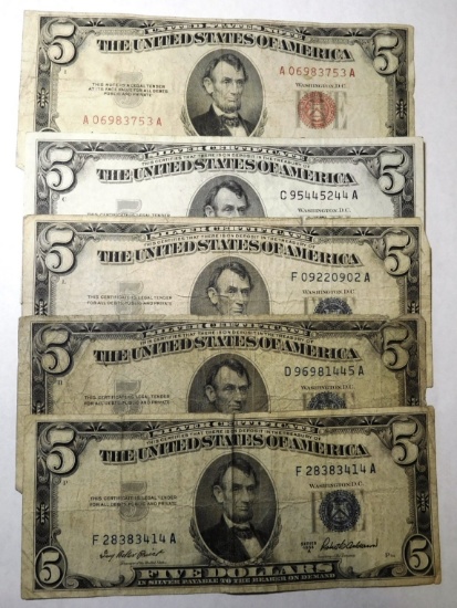 LOT OF FOUR 1953 $5.00 SILVER CERTIFICATES & 1953 US NOTE VG/VF (5 NOTES)