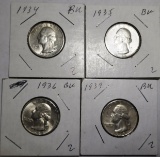 LOT OF FOUR 1934-1939 WASHINGTON QUARTERS AU++/CH BU (4 COINS)