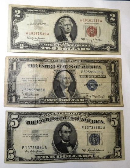 LOT OF 1953-A $5.00 & 1935-A $1.00 SILVER CERTIFICATES & 1963-A $2.00 NOTE (3 NOTES)