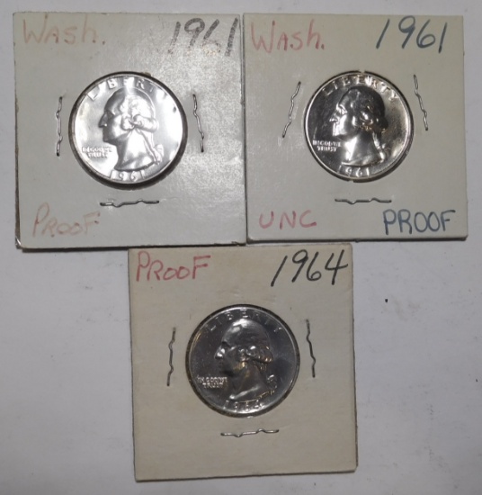 LOT OF THREE SILVER PROOF WASHINGTON QTRS. (3 COINS)