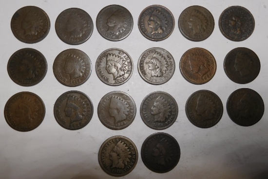 LOT OF TWENTY MIXED BETTER DATE INDIAN CENTS AVE. CIRC. (20 COINS)