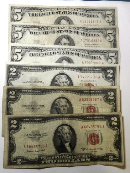 LOT OF THREE 1963 $5.00 NOTES & THREE 1953/1963 $2.00 NOTES AVE. CIRC. (6 NOTES)