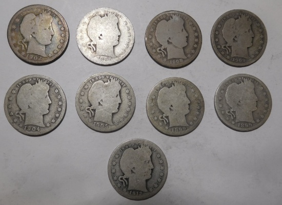 LOT OF NINE MIXED DATE/MINT BARBER QUARTERS AVE. CIRC. (9 COINS)