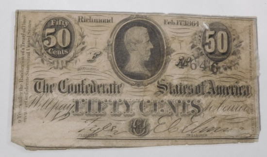 1864 CONFEDERATE FIFTY CENT NOTE