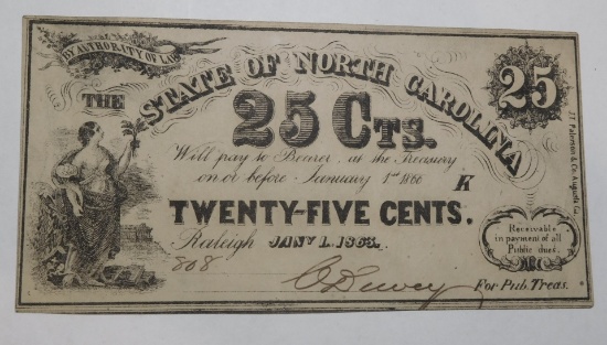 1863 NORTH CAROLINA TWENTY FIVE CENT NOTE XF
