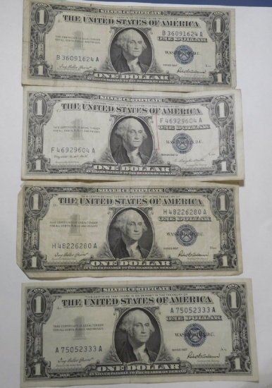 LOT OF FOUR 1957 $1.00 SILVER CERTIFICATES AVE. CIRC. (4 NOTES)