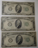 LOT OF THREE 1934-C $10.00 FEDERAL RESERVE NOTES G/VG (3 NOTES)