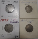 LOT OF 1883NC, 1895, 1910 & 1912-D LIBERTY NICKELS (4 COINS)
