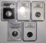 LOT OF FIVE MISC. DATE/GRADE SILVER/CLAD CERTIFIED QUARTERS (5 COINS)