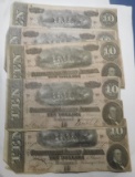 LOT OF TEN 1864 $10.00 CONFEDERATE NOTES (SOME PINHOLES/TEARS)