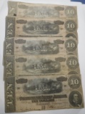 LOT OF NINE 1864 $10.00 CONFEDERATE NOTES (SOME PINHOLES/TEARS)