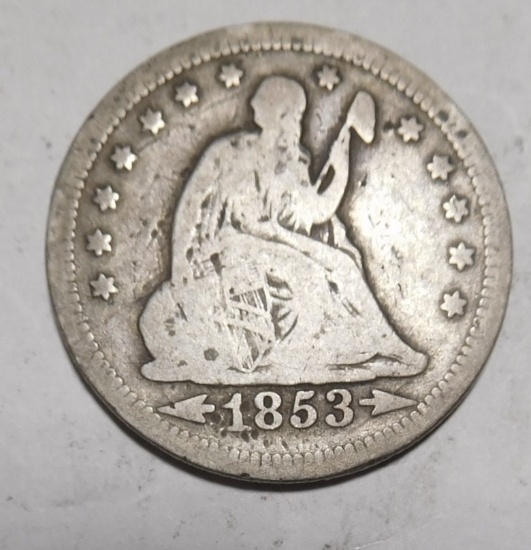 1853 ARR./RAYS SEATED QUARTER VG