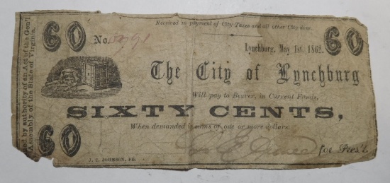 1862 CITY OF LYNCHBURG SIXTY CENT NOTE