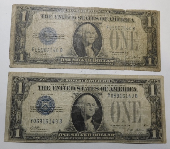 LOT OF TWO 1928-A $1.00 SILVER CERTIFICATES AVE. CIRC. (2 NOTES)