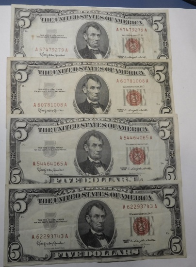 LOT OF FOUR $5.00 FEDERAL NOTES XF/AU (4 NOTES)