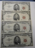 LOT OF FOUR $5.00 FEDERAL NOTES XF/AU (4 NOTES)