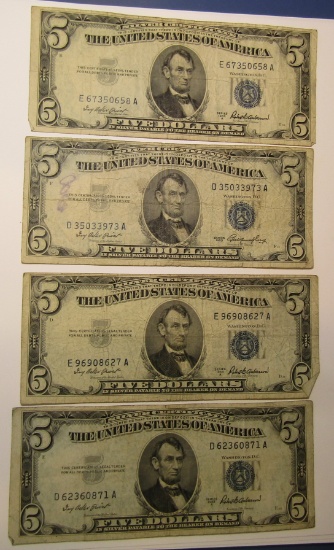 LOT OF NINE 1953 $5.00 SILVER CERTIFICATE NOTES AVE. CIRC. (9 NOTES)