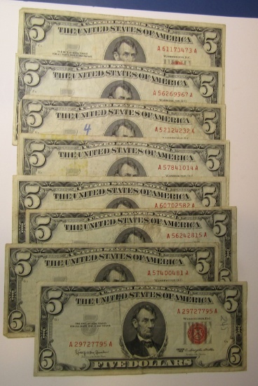 LOT OF SIXTEEN 1953/1963 $5.00 US NOTES AVE. CIRC. (16 NOTES)