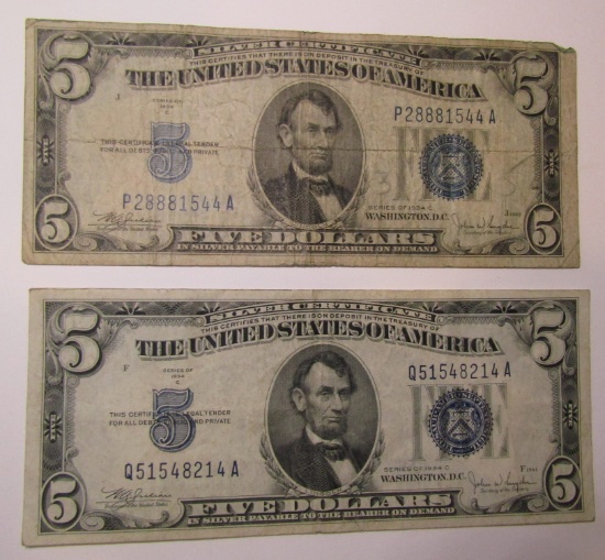 LOT OF TWO 1934-C $5.00 SILVER CERTIFICATES F/VF (2 NOTES)