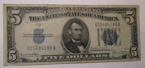 1934-D $5.00 SILVER CERTIFICATE F/VF