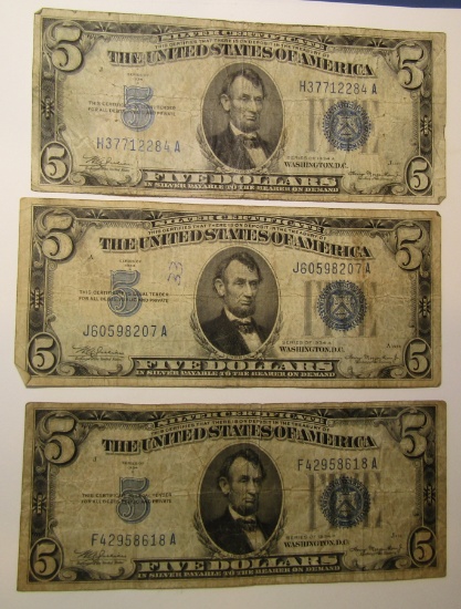 LOT OF THREE 1934-A $5.00 SILVER CERTIFICATES VG/FINE (3 NOTES)
