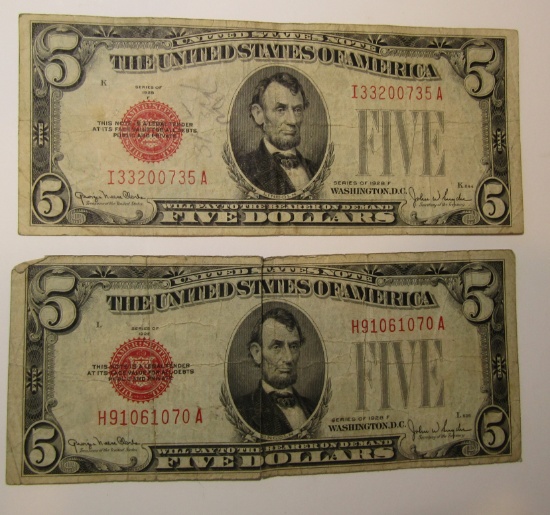 LOT OF TWO 1928-F $5.00 US NOTES VG/FINE (2 NOTES)