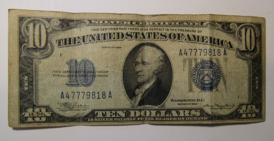 1934 $10.00 SILVER CERTIFICATE VF