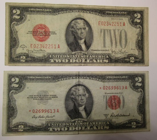 LOT OF 1928-G & 1953-A $2.00 STAR NOTE F/VF (2 NOTES)