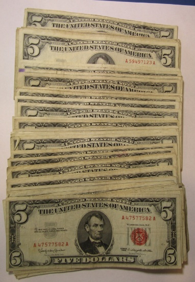 LOT OF EIGHTY TWO 1963 $5.00 US FEDERAL NOTES VG-AU (82 NOTES)