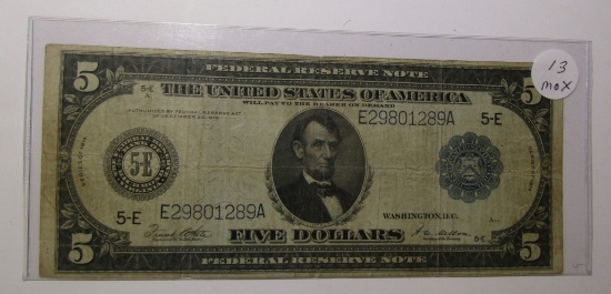 1914 $5.00 FEDERAL RESERVE NOTE VF