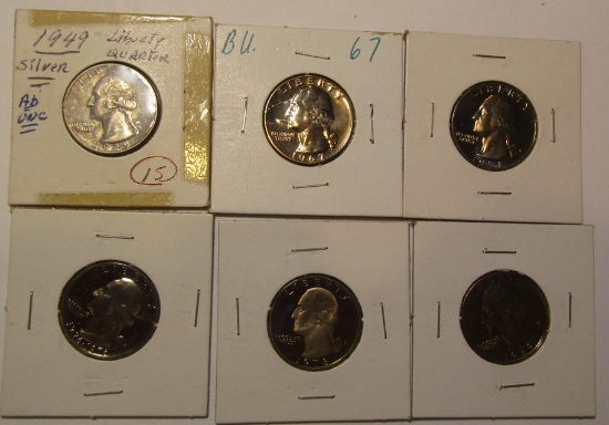 LOT OF FIVE CLAD PROOF QTRS. & 1949 SILVER WASHINGTON QTR. AU (6 COINS)
