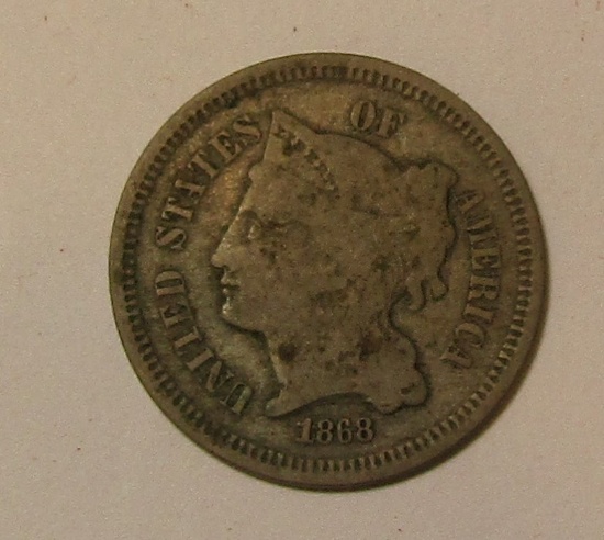 1868 THREE CENT NICKEL VG