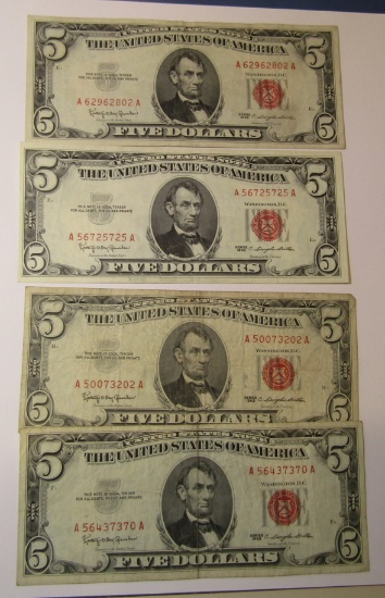LOT OF EIGHT 1963 $5.00 US NOTES & TWO $2.00 NOTES AVE. CIRC. (10 NOTES)