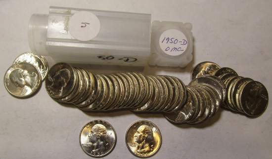 1950-D WASHINGTON QUARTER GEM BU ROLL (40 COINS)