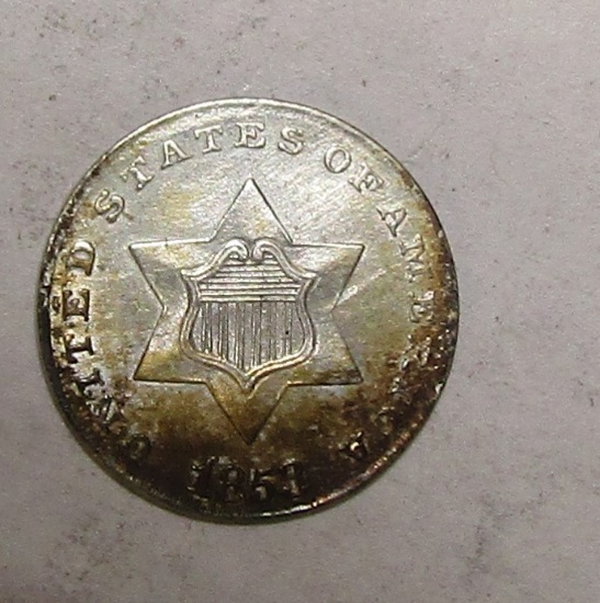 1853 THREE CENT SILVER AU-55