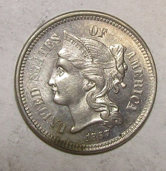 1867 THREE CENT NICKEL AU-58/UNC