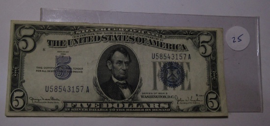 1934-D $5.00 SILVER CERTIFICATE NOTE VF