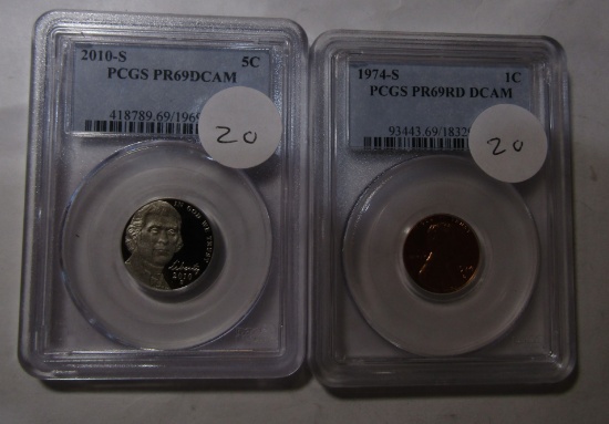 LOT OF 1974-S CENT PCGS PF69DCAM & 2010-S NICKEL PCGS PF69DCAM (2 COINS)