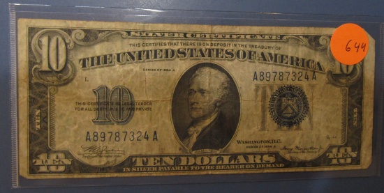 1934-A $10.00 SILVER CERTIFICATE NOTE FINE